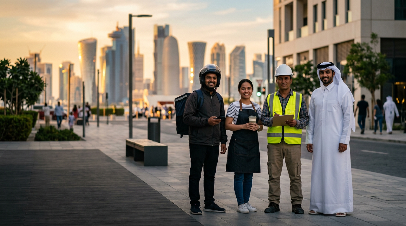 A delivery rider, a barista, a site supervisor and a Qatari professional on a Doha street with the West Bay skyline at golden hour